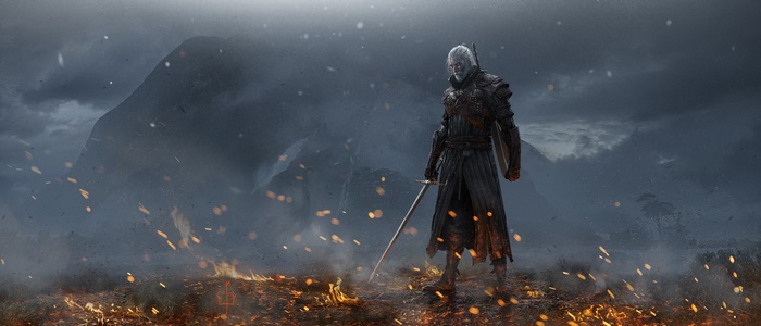 Geralt of Rivia from The Witcher 3 with sword and fire