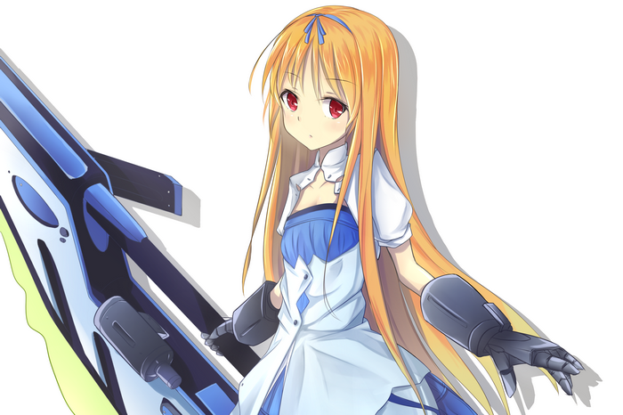Anime girl with orange hair and red eyes holding a sword