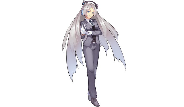 Anime girl with long white hair and blue eyes in a suit