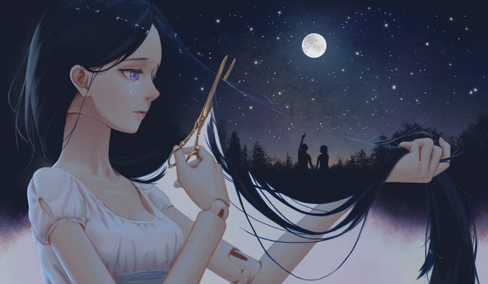 Doll girl cutting her hair under the moon and stars