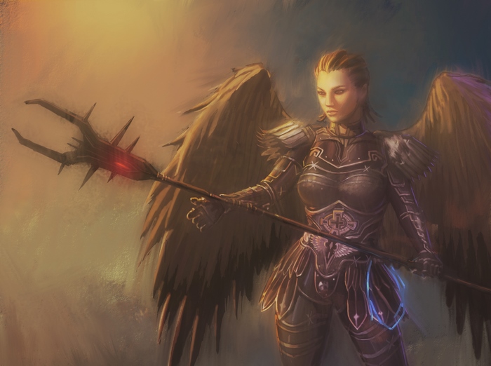 Angel warrior with wings and a staff