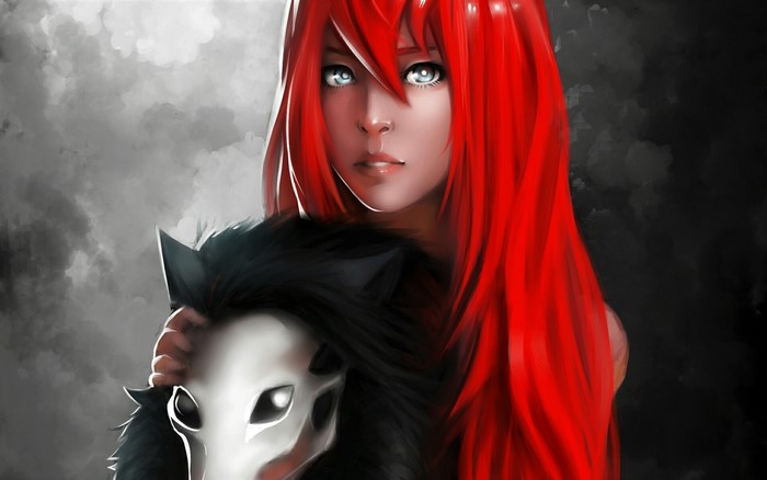 Woman with long red hair holding a mask