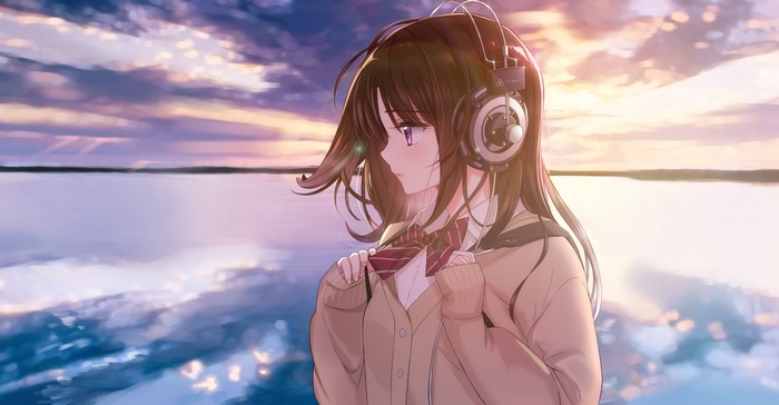 Anime girl with headphones by the water at sunset