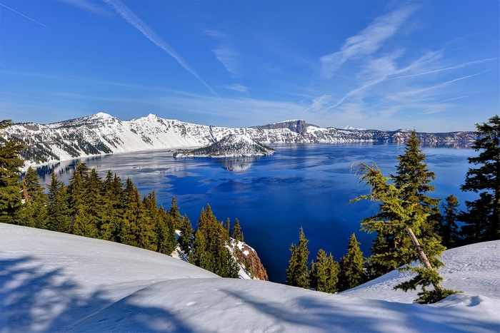 Crater Lake National Park in Winter with Snow and Island