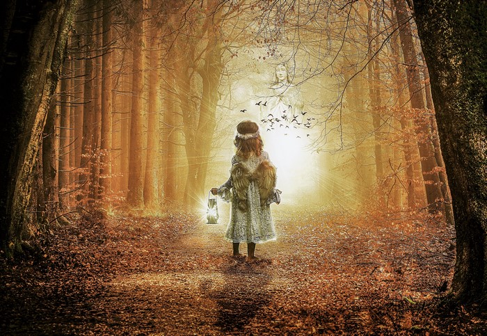 Little Girl with Lantern and Angel in Autumn Forest