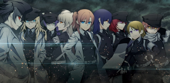 Group of anime characters in military-style uniforms