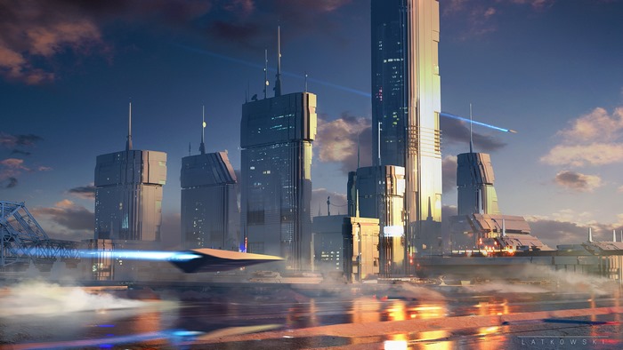 Futuristic Cityscape with Flying Vehicle