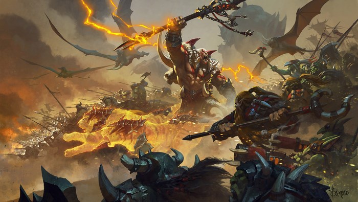 Orcs and Dwarves in a fierce battle with dragons