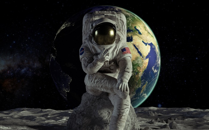 Astronaut Posing on Lunar Surface with Earth View