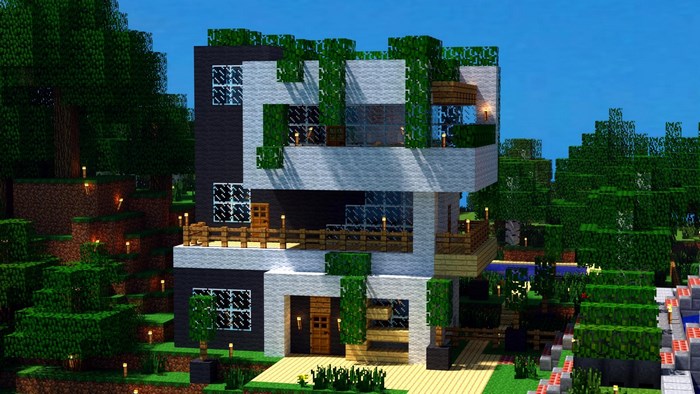 Modern Minecraft House Surrounded by Trees