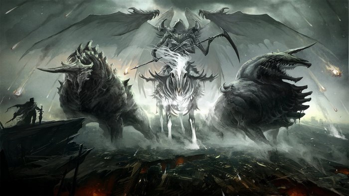 Four Horsemen of the Apocalypse in a ruined city