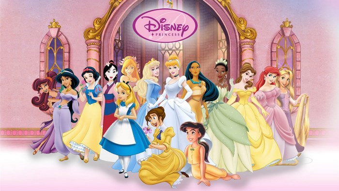 Disney Princesses in front of a castle