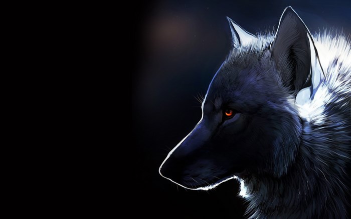 Close-up of a black wolf with glowing orange eyes