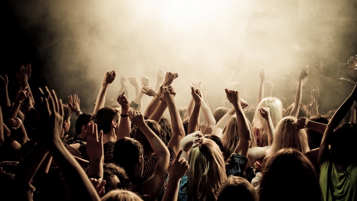 Crowd with hands raised at a concert
