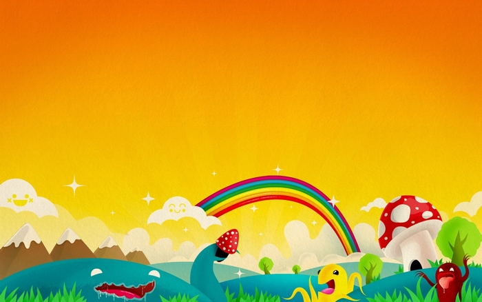 Cartoon landscape with rainbow and monsters