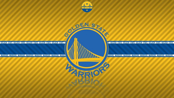 Golden State Warriors logo on yellow striped background