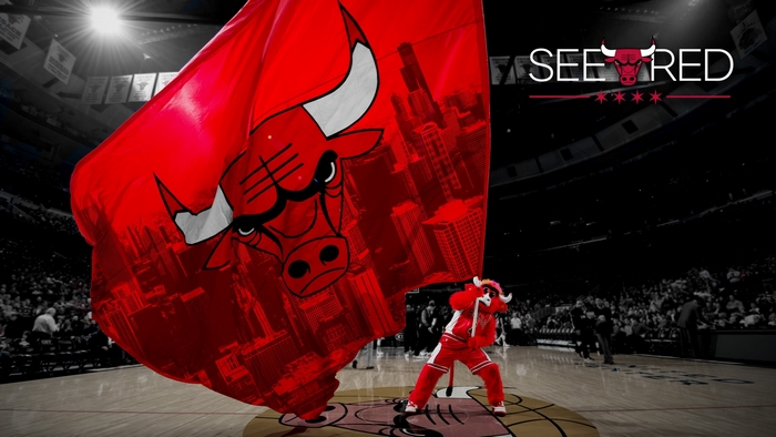 Chicago Bulls mascot with large flag