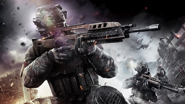 Soldiers with futuristic weapons in a destroyed city