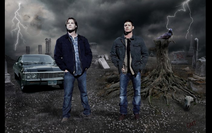 Sam and Dean Winchester from Supernatural in a graveyard