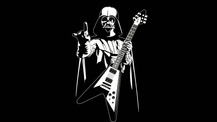 Darth Vader playing a V-shaped electric guitar