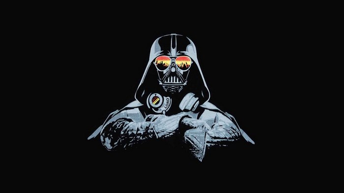 Darth Vader wearing sunglasses with city reflection