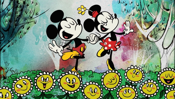 Mickey Mouse and Minnie Mouse dancing with flowers