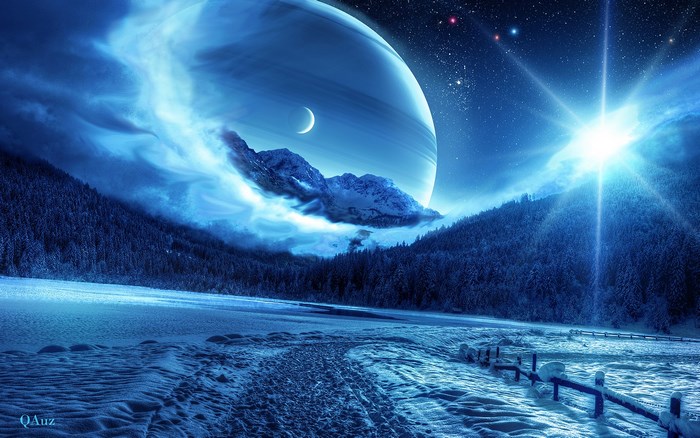Alien Planet Landscape with Rings and Moon