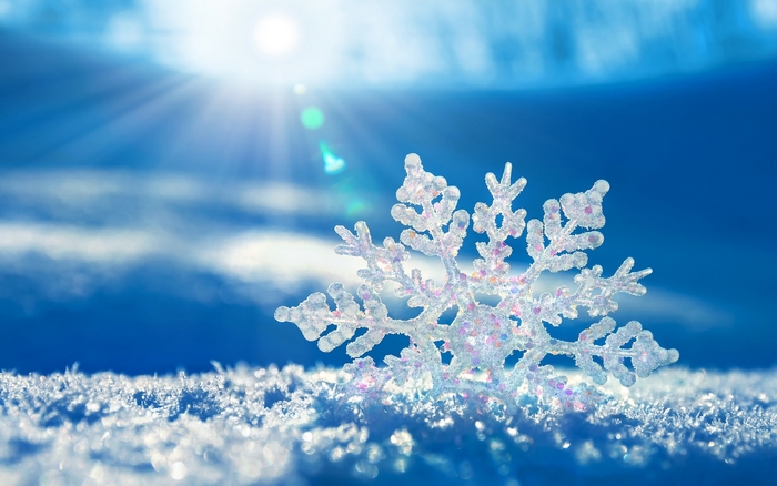 Snowflake on snow with sun and blue sky