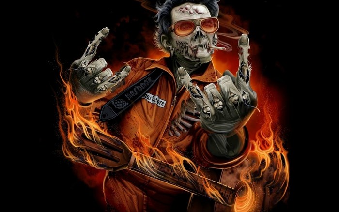 Zombie playing guitar with flames