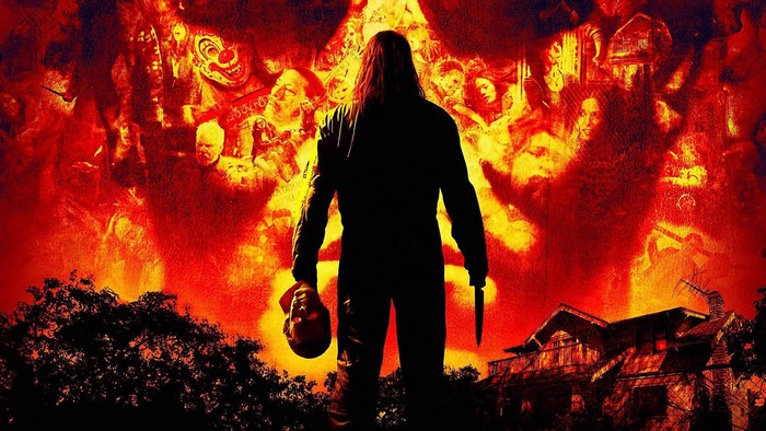Michael Myers from Halloween holding mask and knife