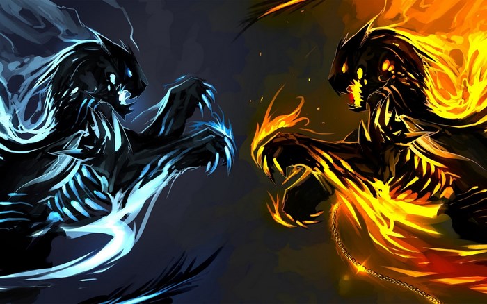 Two elemental dragons, fire and ice, facing off