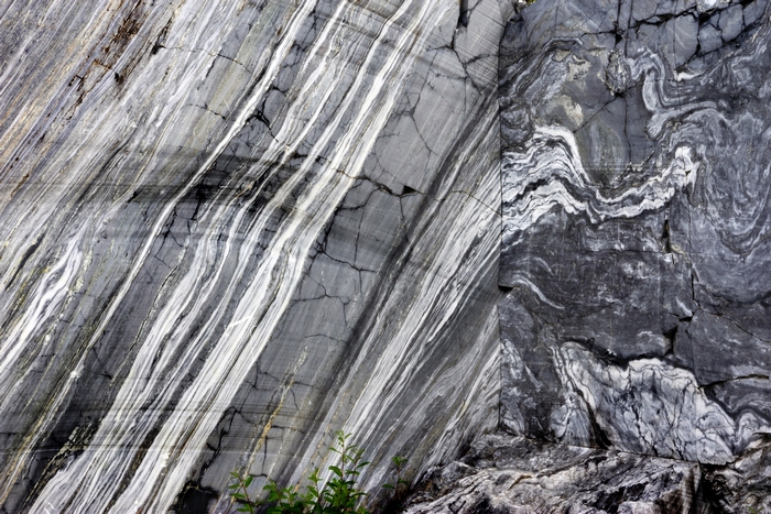 Marble rock formation with distinct striations