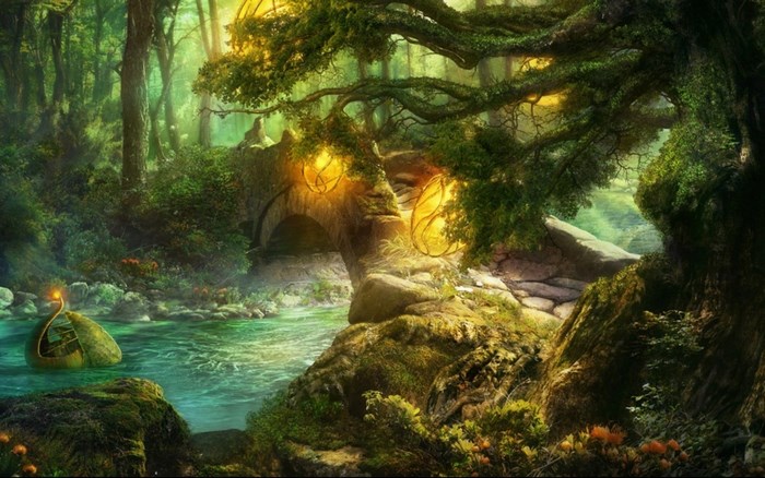 Fantasy forest with a stone bridge and glowing lanterns