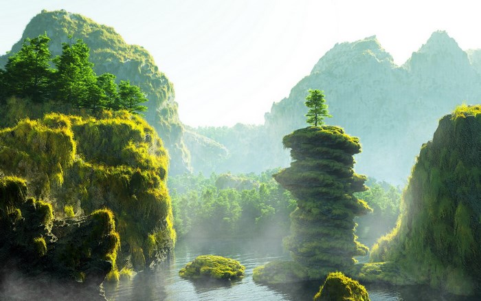 Fantasy landscape with moss-covered rocks and trees