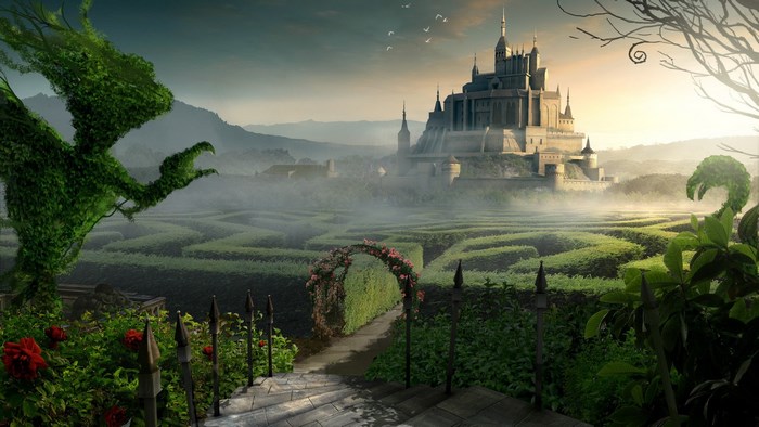 Fantasy castle and maze with topiary dragon