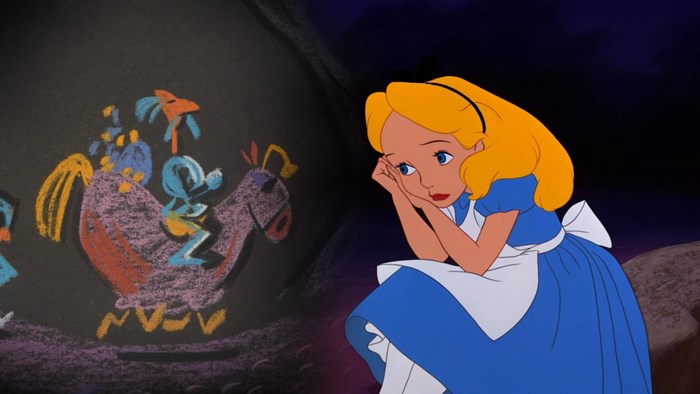 Alice from Alice in Wonderland looking at a chalk drawing