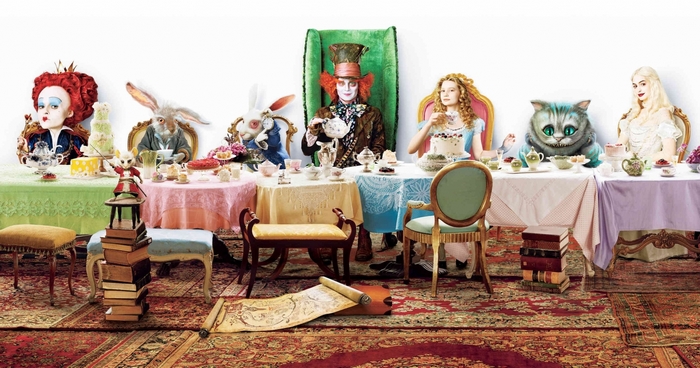 Alice in Wonderland characters at a tea party