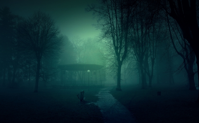 Misty park with trees and a bandstand