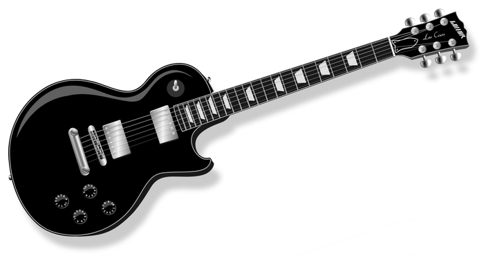 Black electric guitar with "Les Coco" on headstock