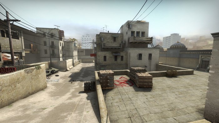 CS:GO Dust 2 map with crates and buildings