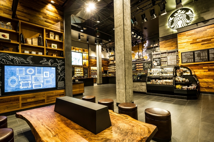 Starbucks interior with seating and merchandise