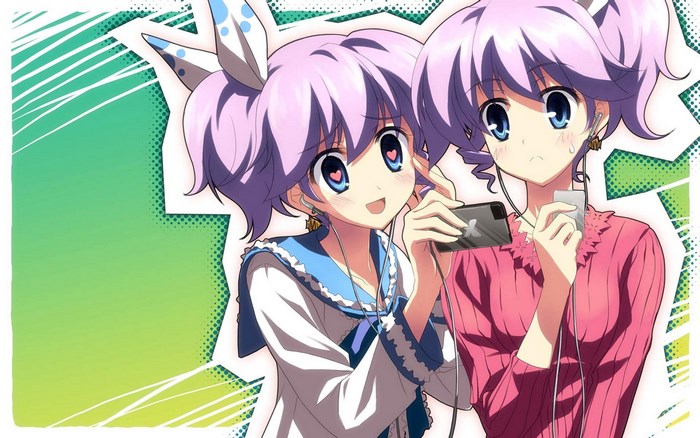 Two anime girls listening to music on phone