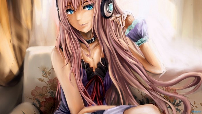 Anime girl with pink hair and headphones