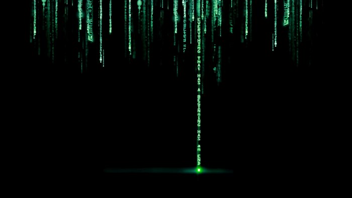 The Matrix digital rain with quote