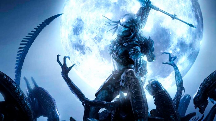 Predator fighting Aliens under a full moon