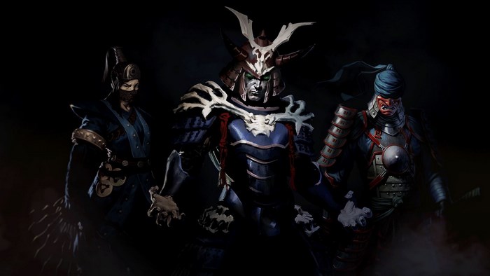 Three samurai warriors in dark armor