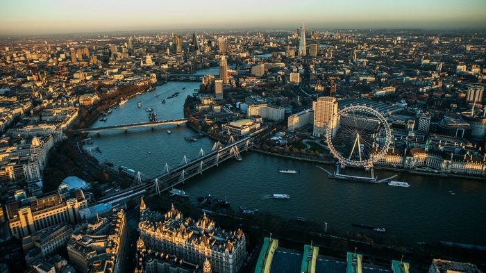 Aerial view of London skyline with River Thames and London Eye