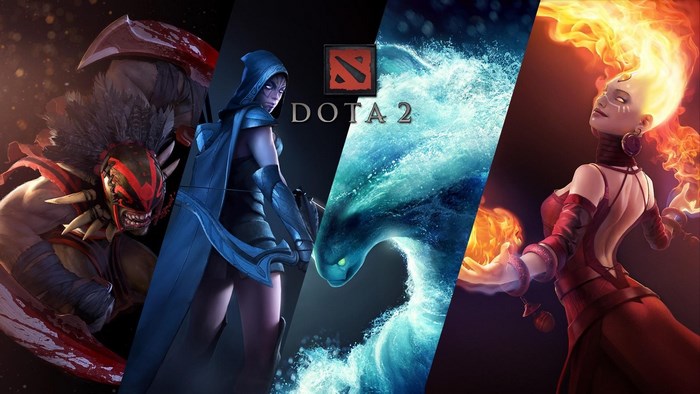 Dota 2 characters: Axe, Drow Ranger, Tidehunter, and Lina
