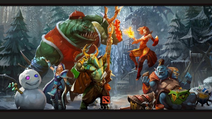 Dota 2 characters in a winter forest setting