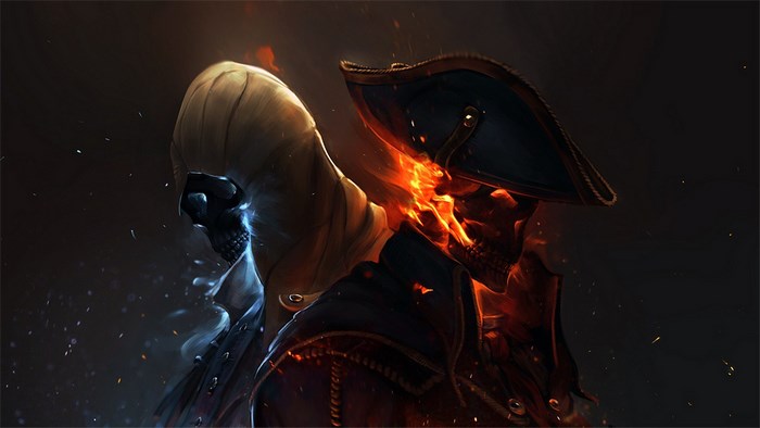 Two skeletal figures, one with blue fire, one with orange fire